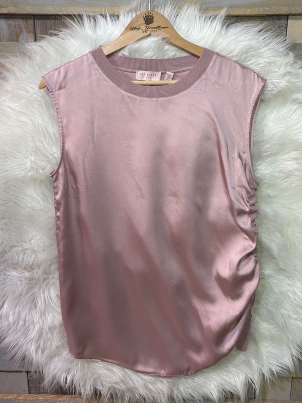 Like New [Ted Baker] Pink Sleeveless Ruched Knit Silky Blouse Top | 3 · Medium - Picture 2 of 15